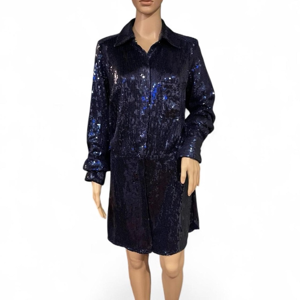 NWT! FREE PEOPLE Sparkly Navy Sequin Snap-Front Mini Shirt Dress Size M Holiday